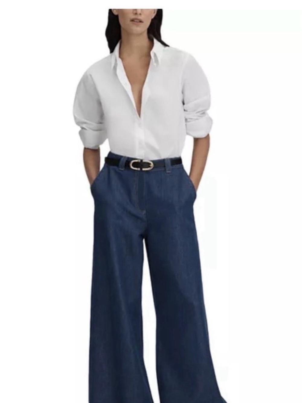 Reiss Navy Wide-Leg Denim Trousers